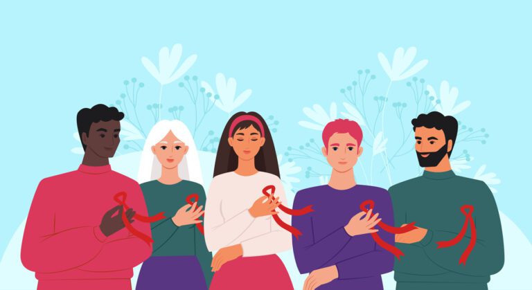 World AIDS Day. A group of people of different nationalities with red ribbons, a symbol of the fight against HIV. Vector illustration